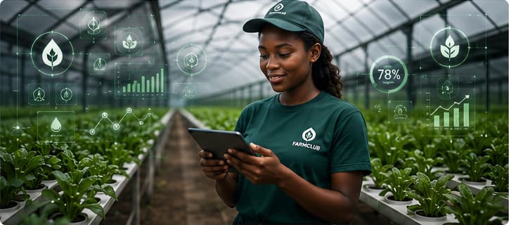 A young agri-entrepreneur reviewing production data on a tablet inside a managed-space greenhouse.