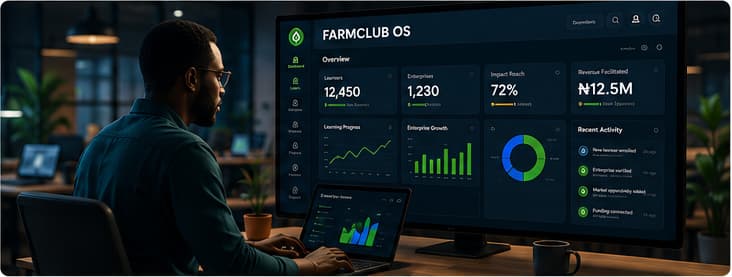 An agri-entrepreneur working with the FARMCLUB OS dashboard, reviewing learner, enterprise and impact data.