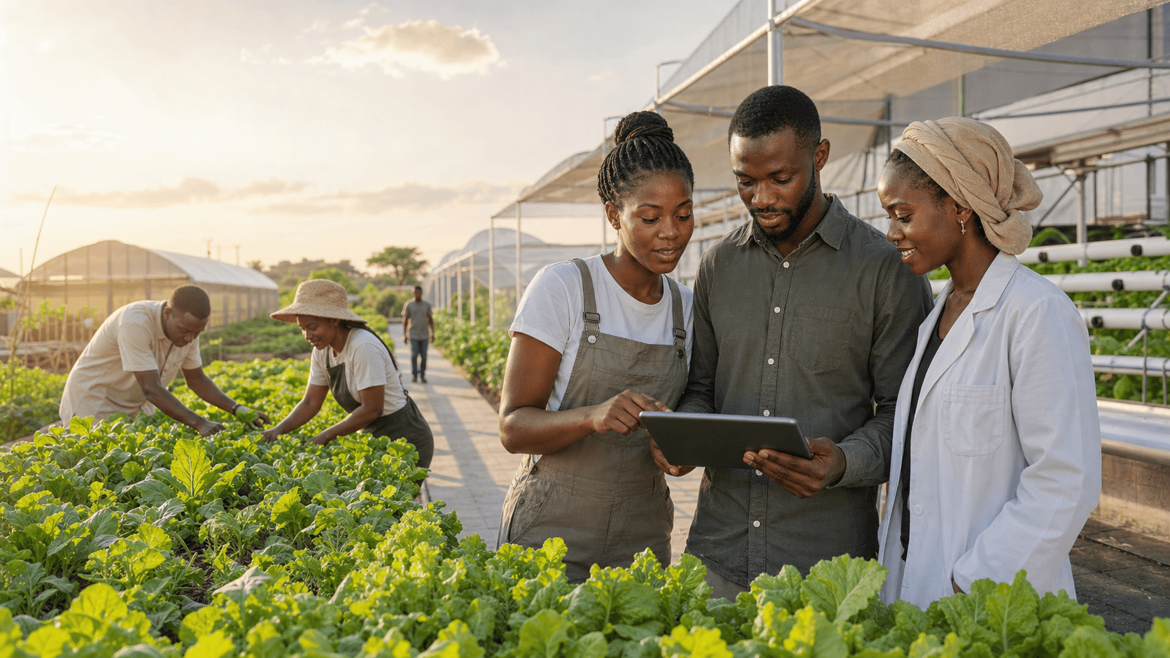 An agricultural entrepreneur using a tablet in a greenhouse.