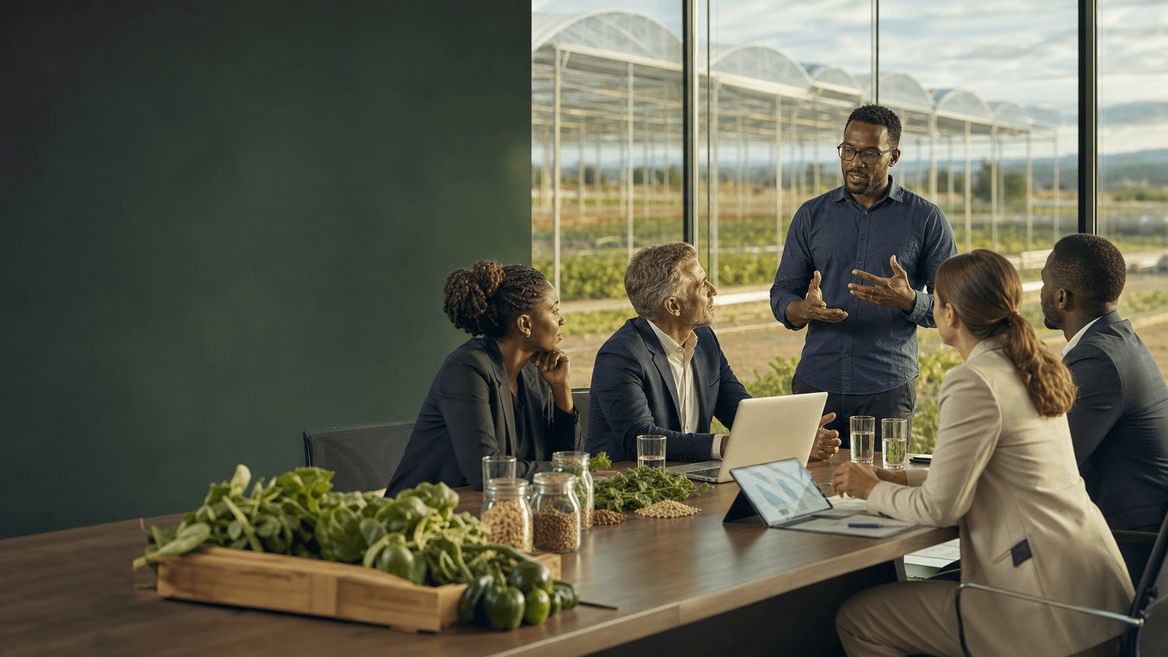 Institutional collaborators meeting in an agricultural technology environment.