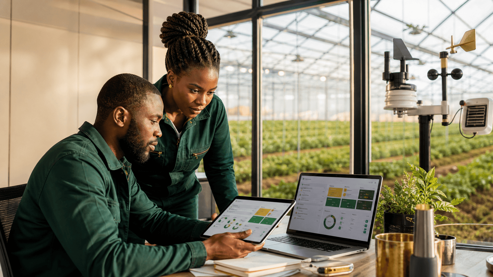 Agricultural professionals using digital tools to coordinate operations.