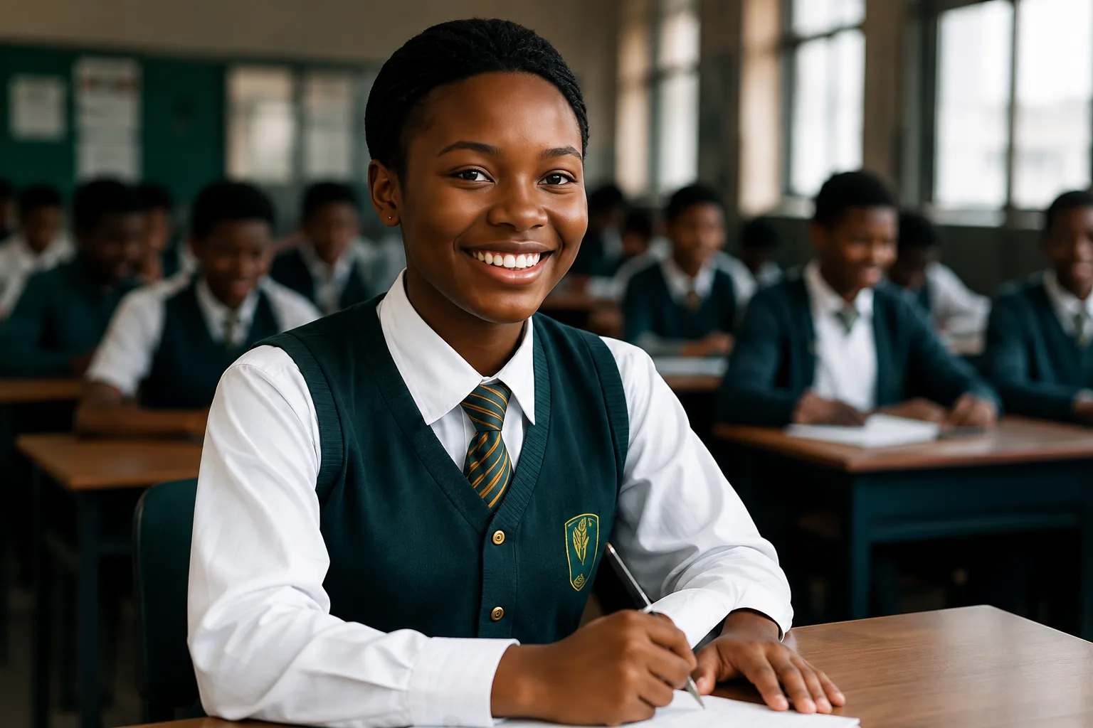 A secondary school student smiling at her desk during a lesson.