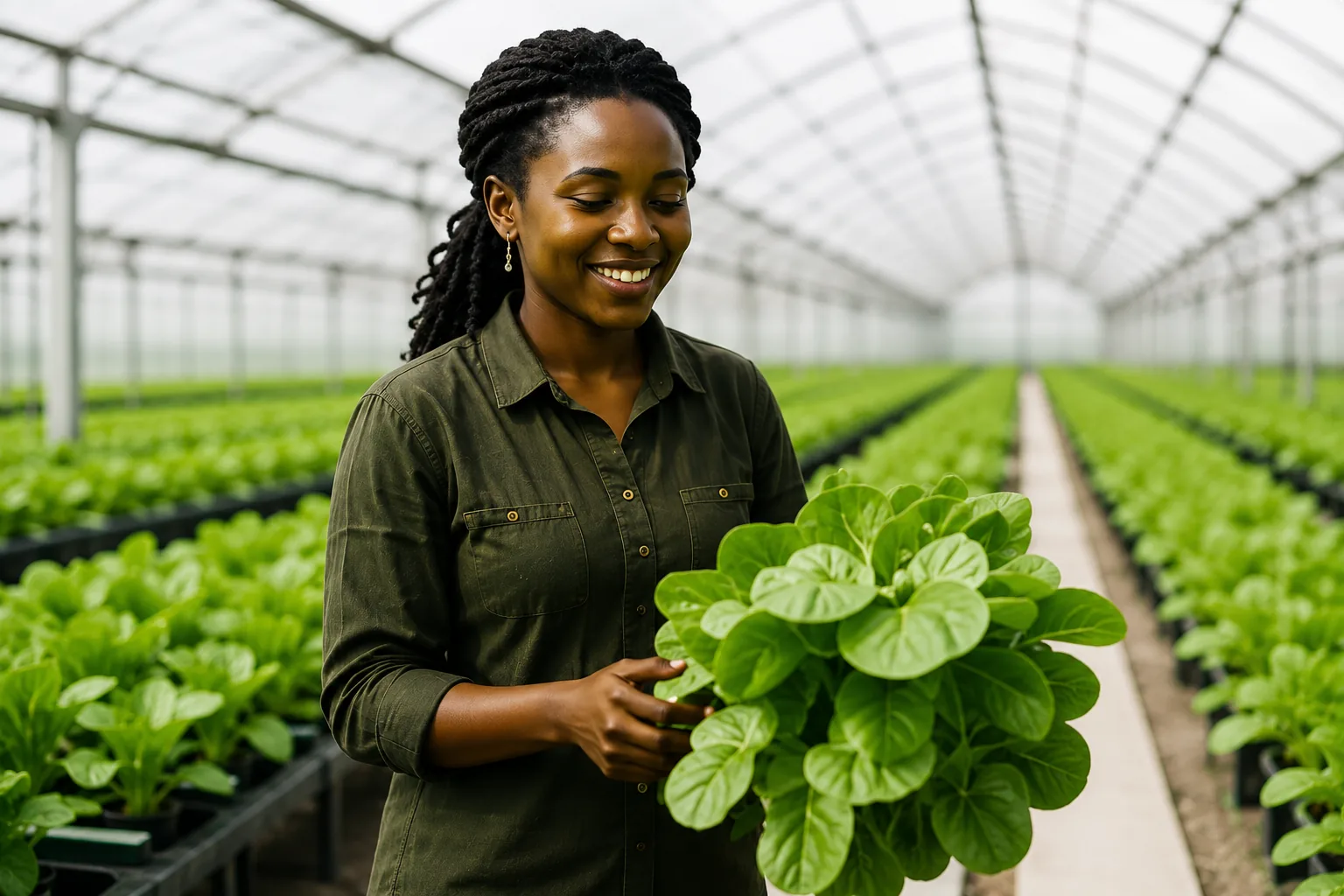 A woman entrepreneur inspecting leafy greens she has grown in a managed-space greenhouse.