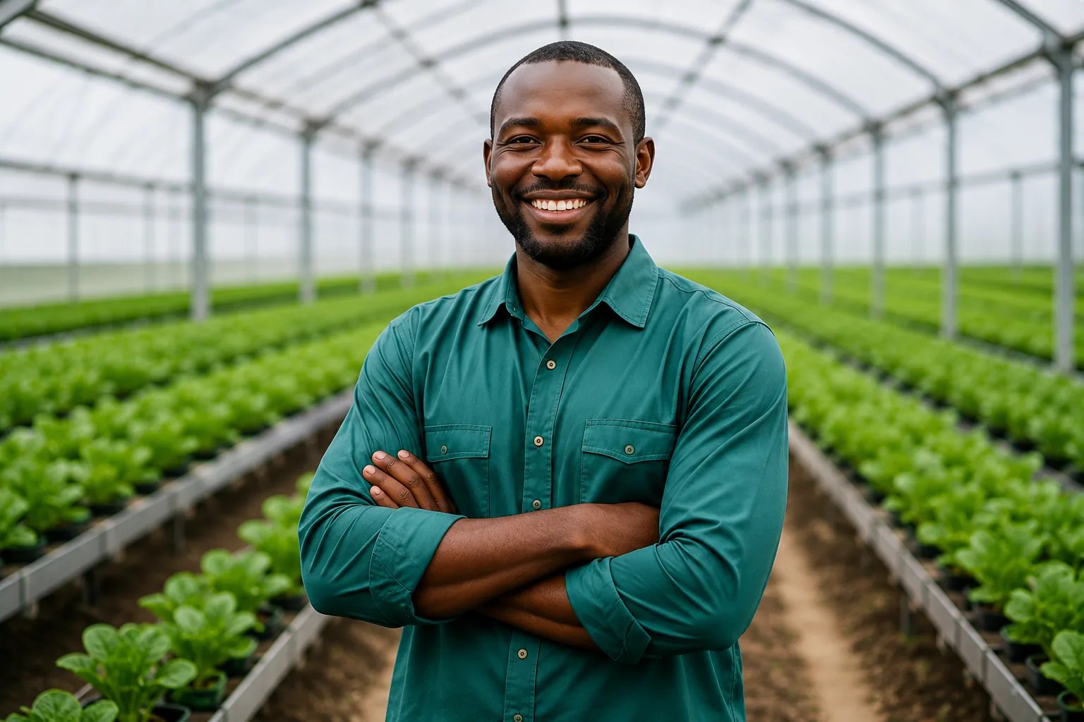 A producer standing between rows of greenhouse crops in a managed-space growing facility.