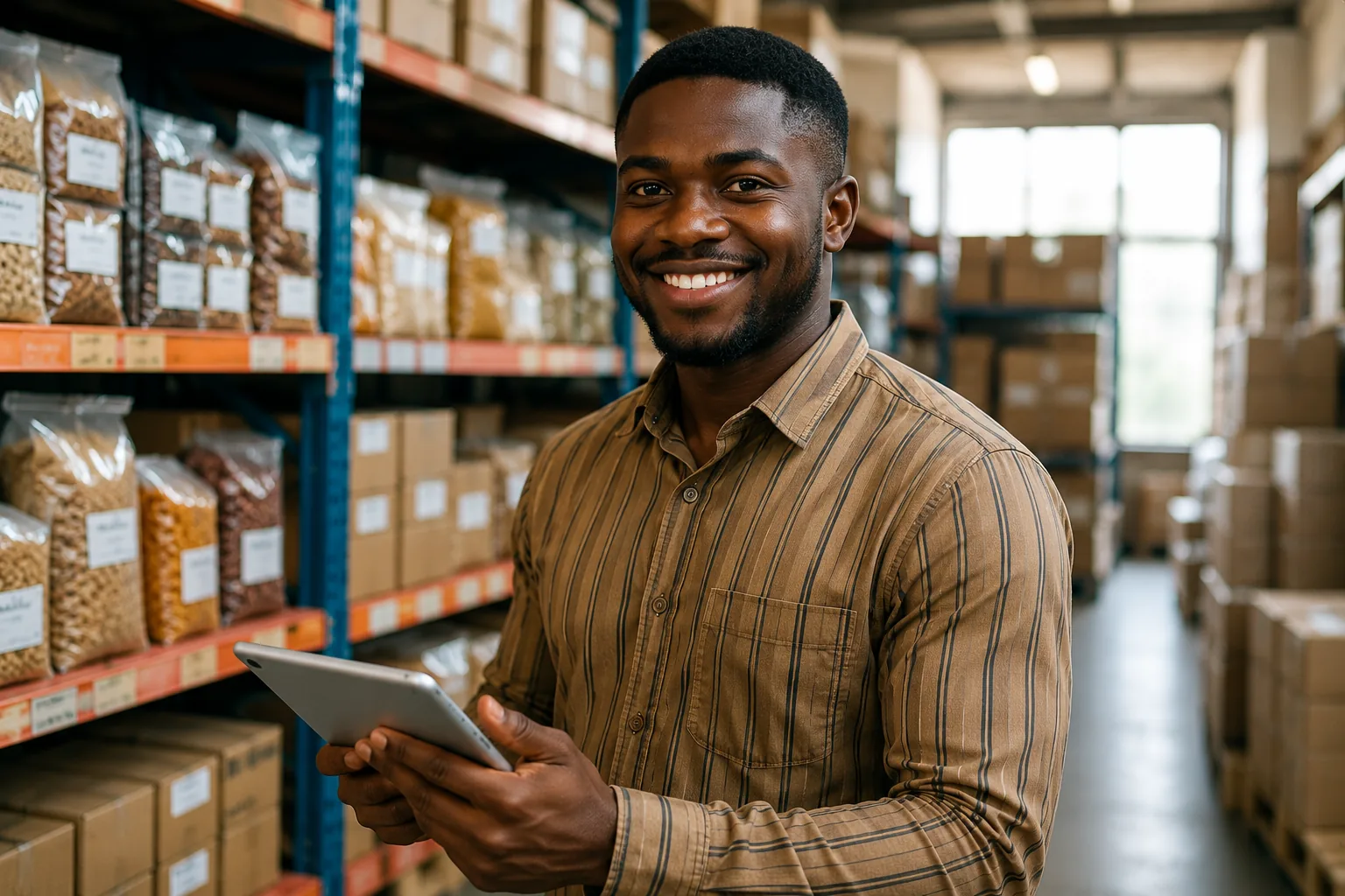 An agri-enterprise operator reviewing stock on a tablet in a packaging and distribution warehouse.