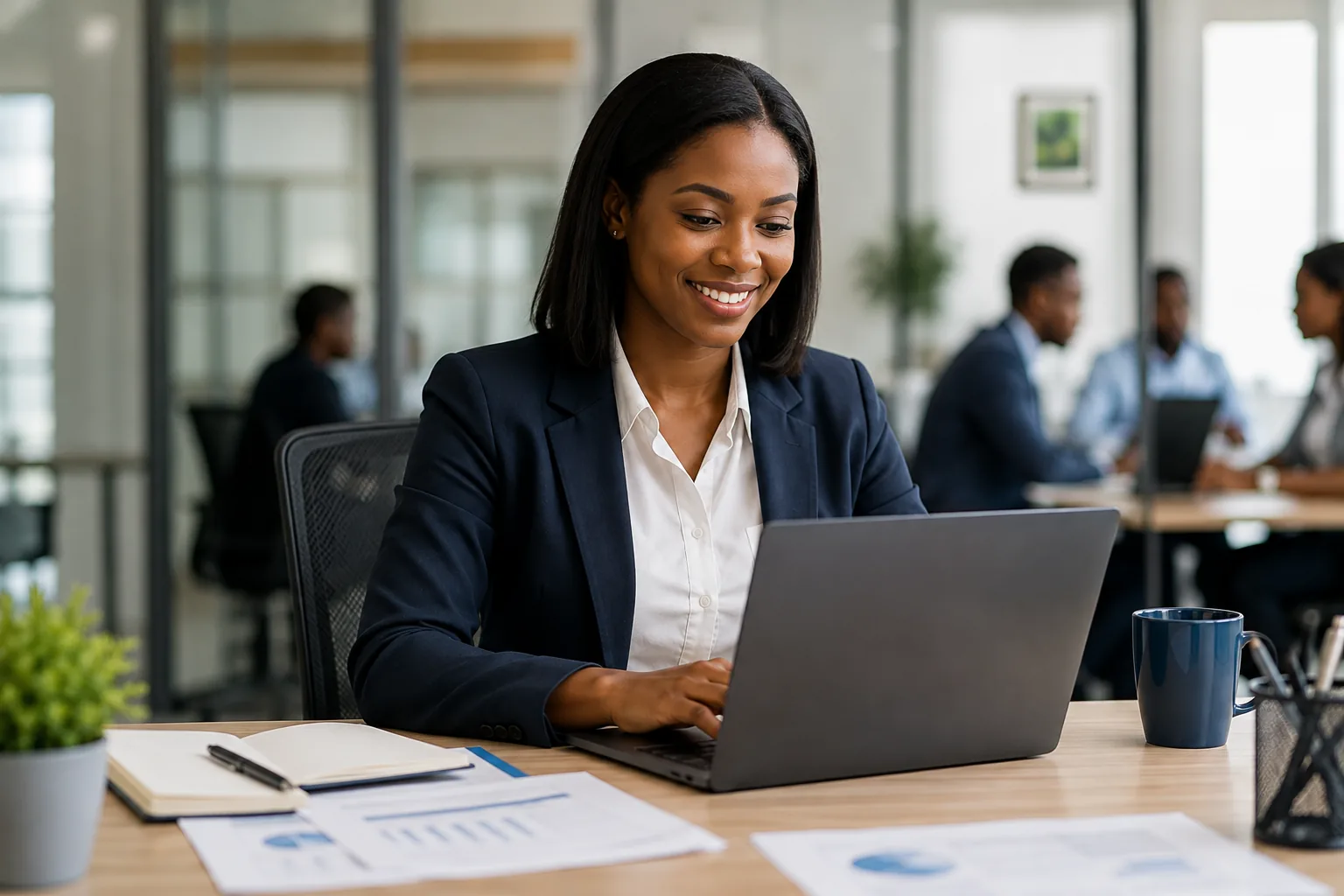 A professional working on a laptop in a shared workspace alongside colleagues.
