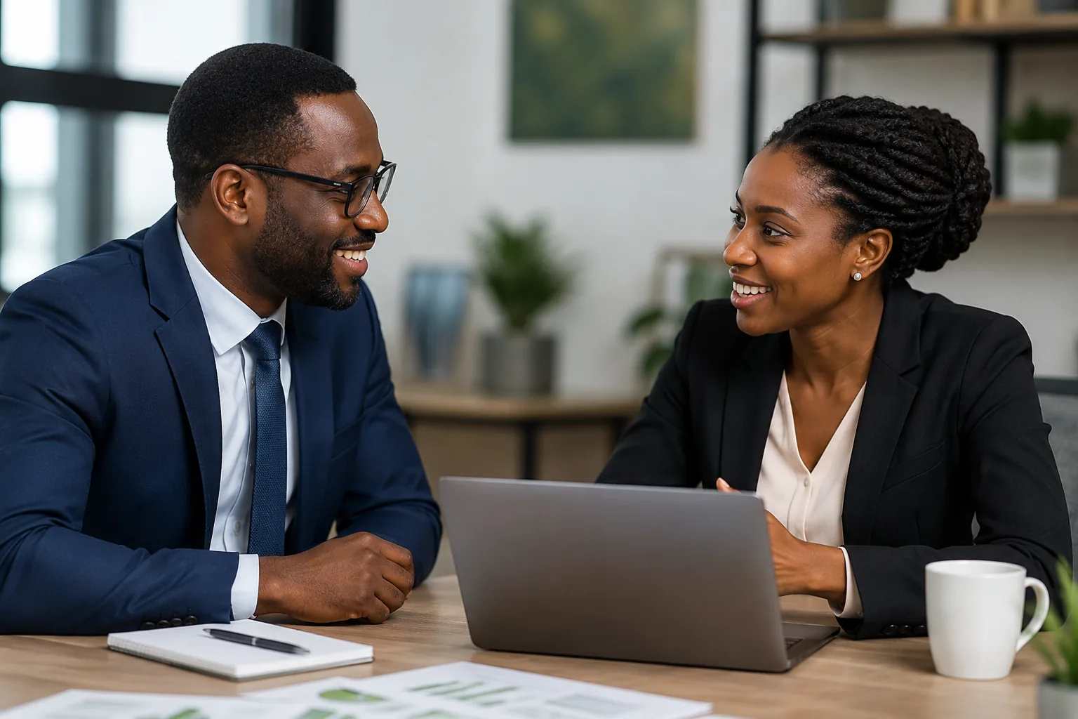 Two partners discussing an agreement together over a laptop in a meeting room.